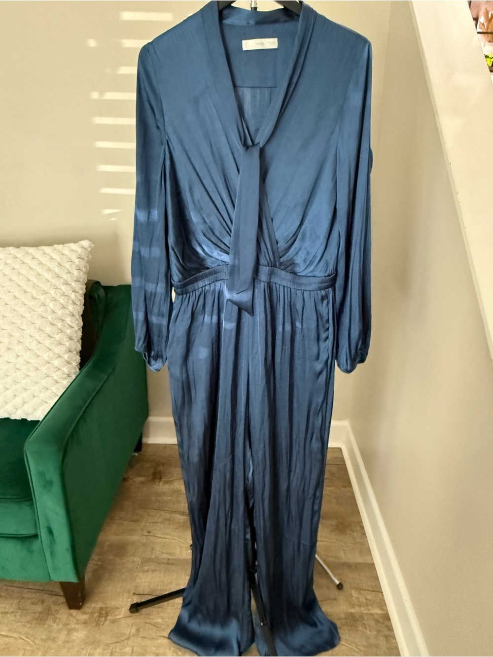 Silk Navy Blue Long Sleeve Tie-Neck Jumpsuit